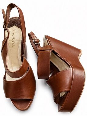 Prada Brown Leather Open-Toe Slingback Wedge